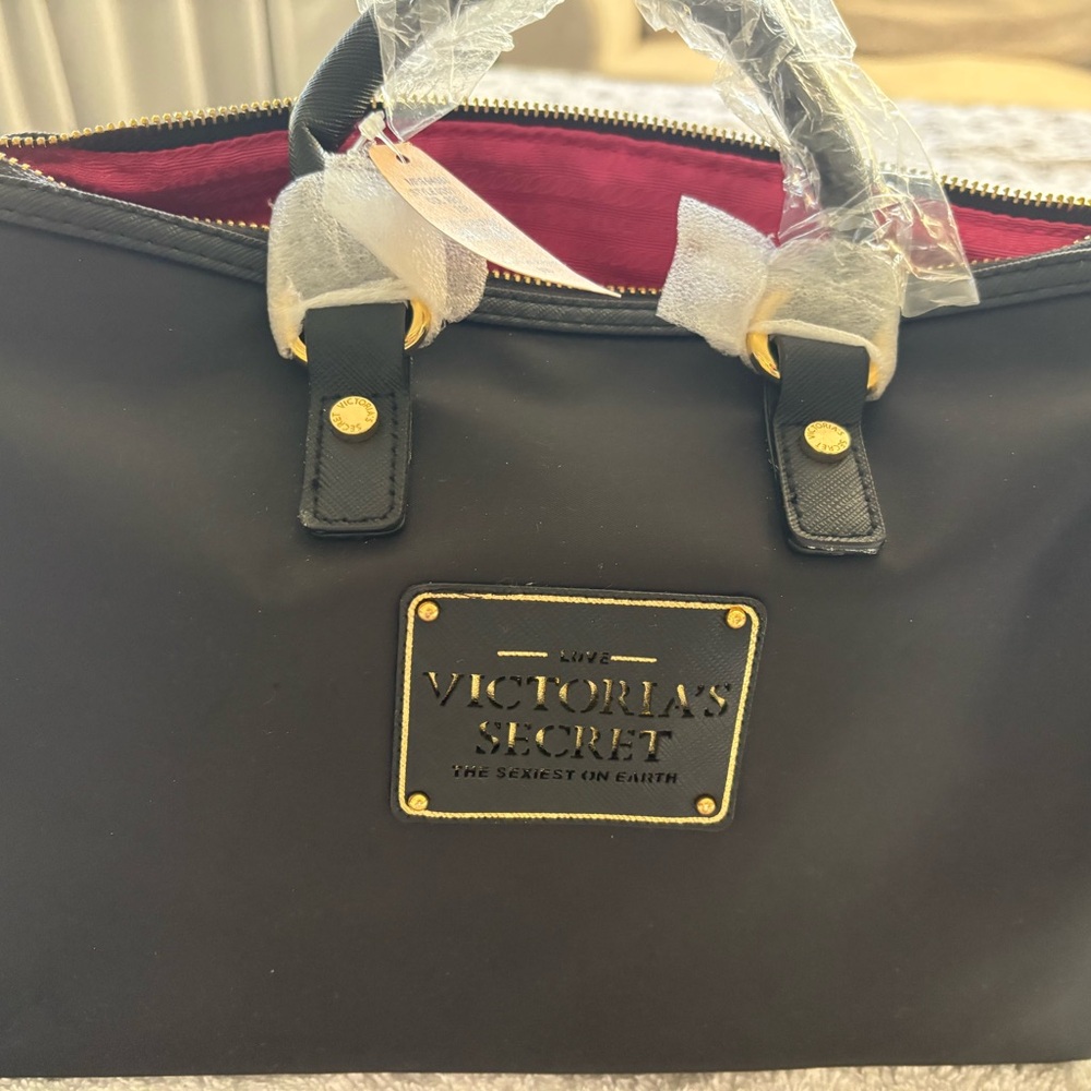 Victoria's Secret Black Tote with Pink Interior and Gold Accents